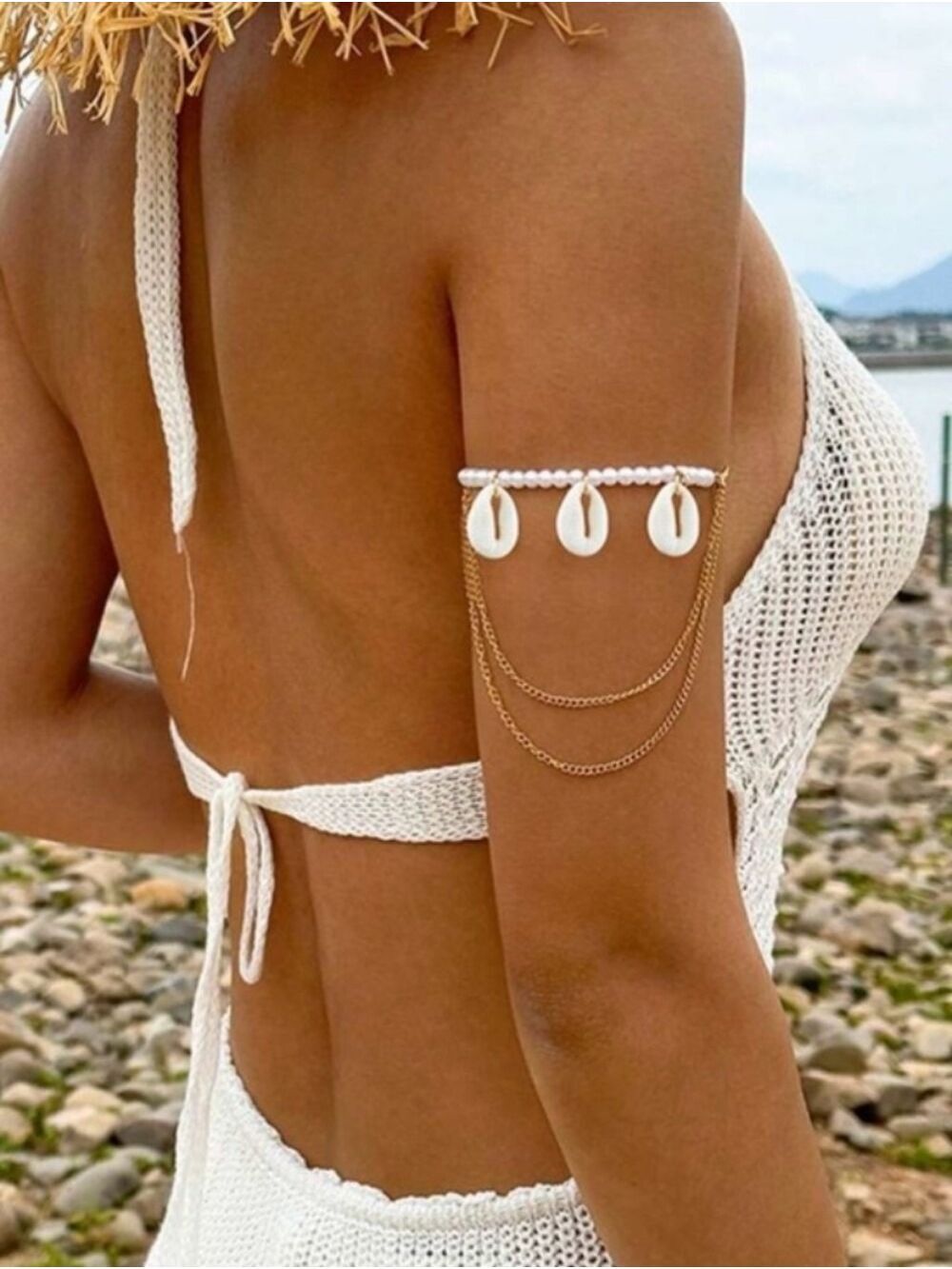 New!! Beaded Shell Arm Chain/Bracelet White & Gold Beach Swim Accessory